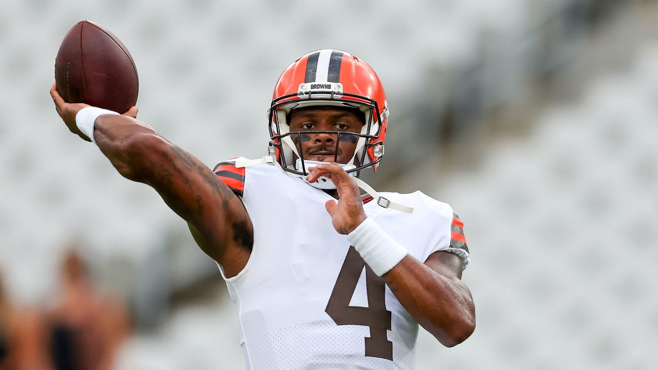 JACKSONVILLE, FL - AUGUST 12: Deshaun Watson #4 of the Cleveland Browns warms up prior to a football game against the Jacksonville Jaguars at TIAA Bank Field on August 12, 2022 in Jacksonville, Florida.
