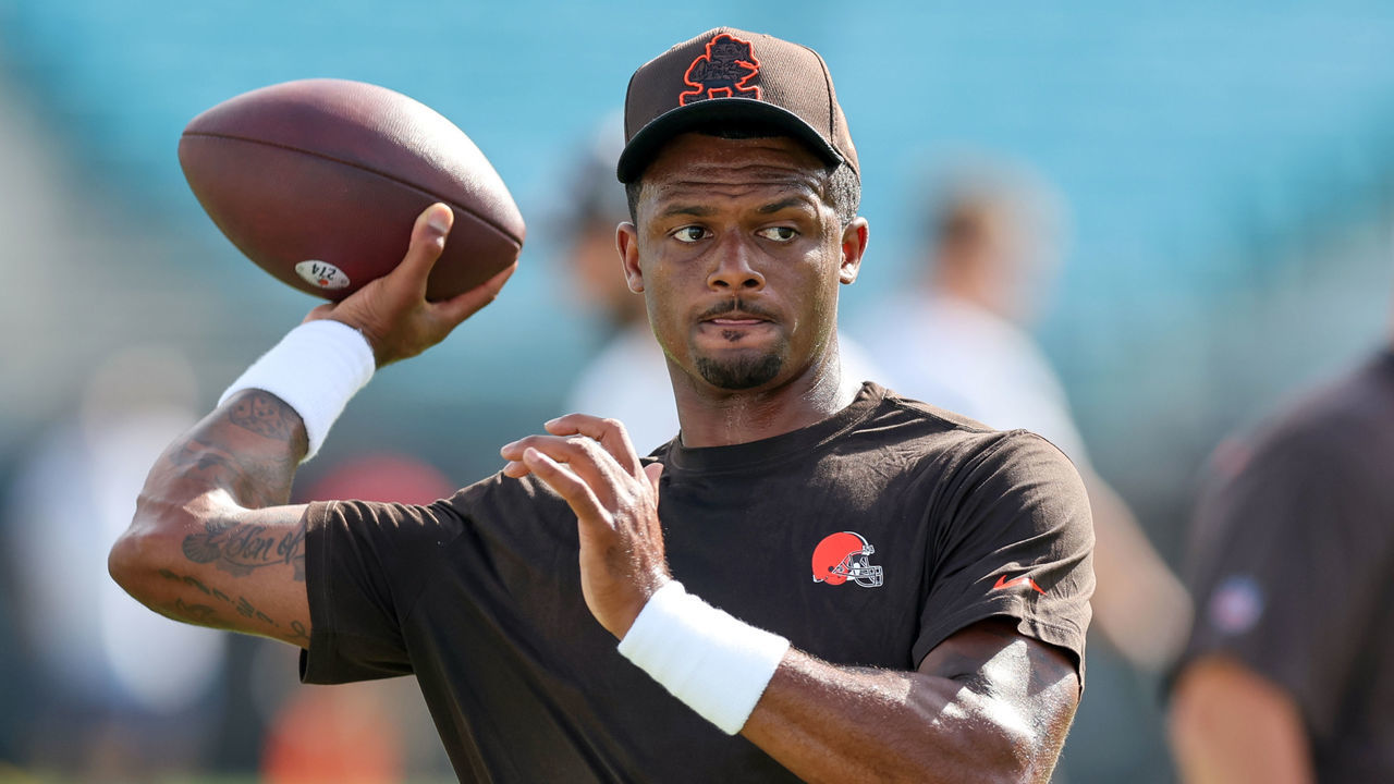 JACKSONVILLE, FL - AUGUST 12: Deshaun Watson #4 of the Cleveland Browns warms up prior to a football game against the Jacksonville Jaguars at TIAA Bank Field on August 12, 2022 in Jacksonville, Florida.