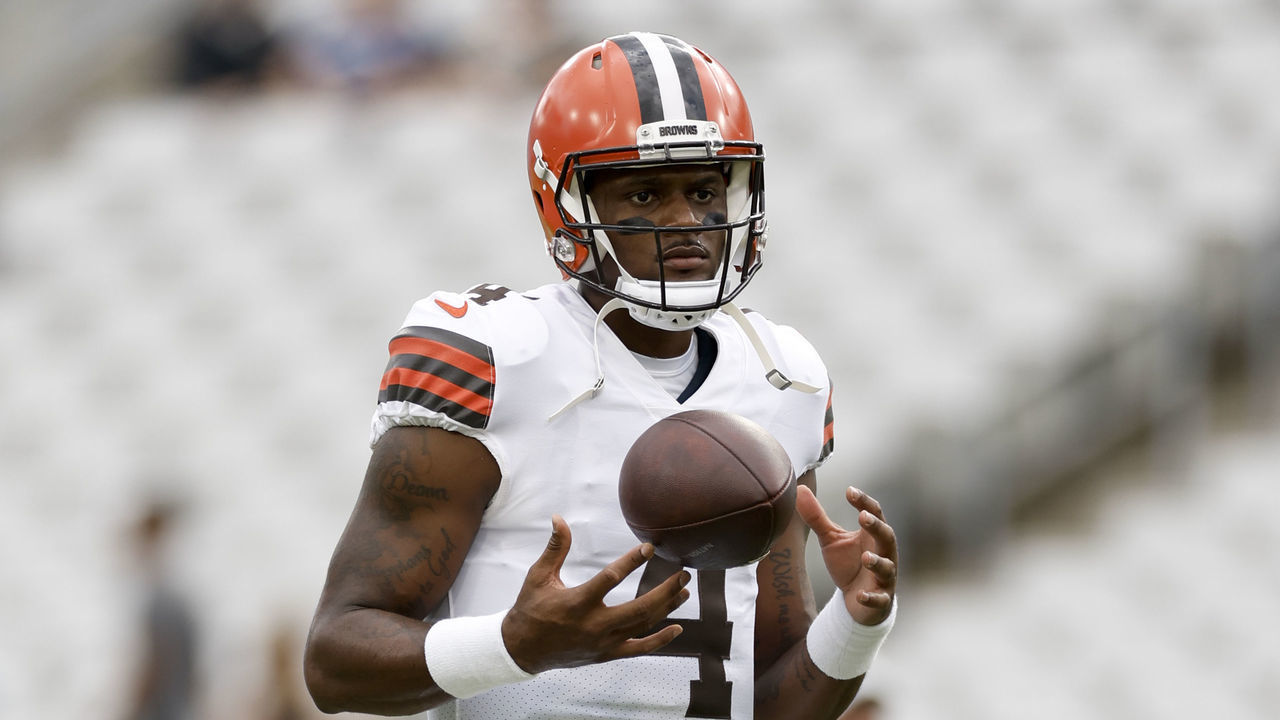 JACKSONVILLE, FL - AUGUST 12: Cleveland Browns quarterback Deshaun Watson (4) looks on during the game between the Cleveland Browns and the Jacksonville Jaguars on August 12, 2022 at TIAA Bank Field in Jacksonville, Fl.