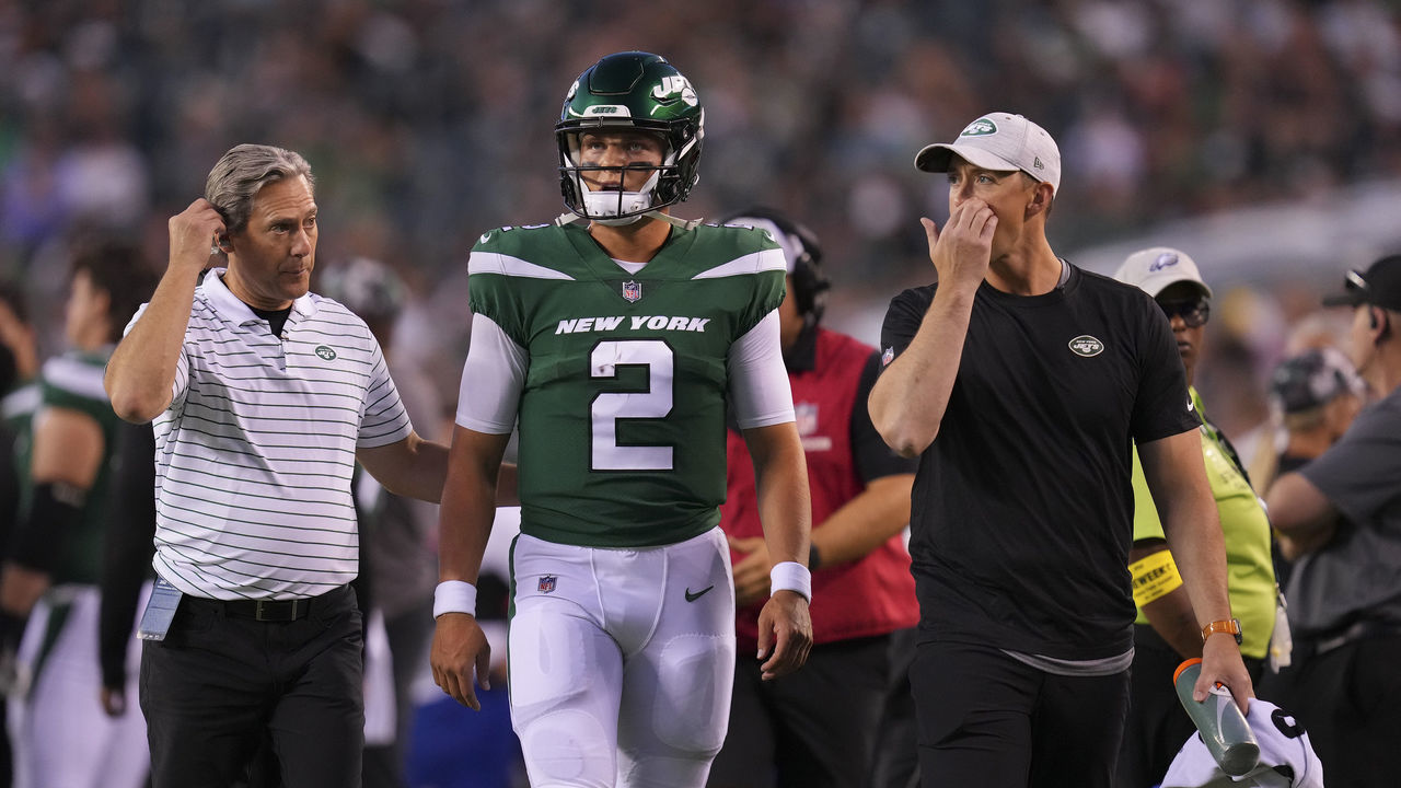 PHILADELPHIA, PA - AUGUST 12: Zach Wilson #2 of the New York Jets walks to the locker room after an injury against the Philadelphia Eagles in the first half of the preseason game against the New York Jets at Lincoln Financial Field on August 12, 2022 in Philadelphia, Pennsylvania.