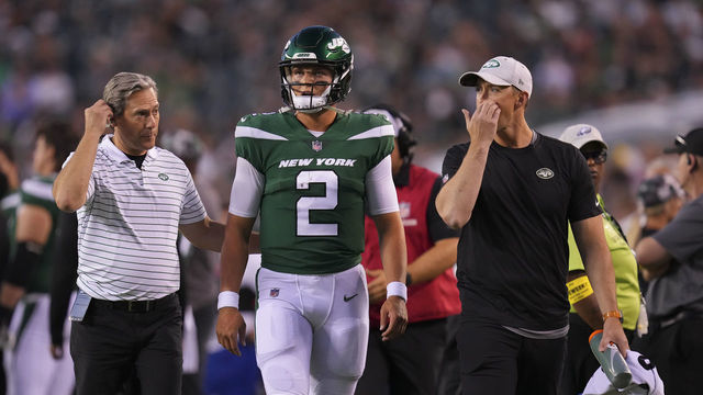PHILADELPHIA, PA - AUGUST 12: Zach Wilson #2 of the New York Jets walks to the locker room after an injury against the Philadelphia Eagles in the first half of the preseason game against the New York Jets at Lincoln Financial Field on August 12, 2022 in Philadelphia, Pennsylvania.