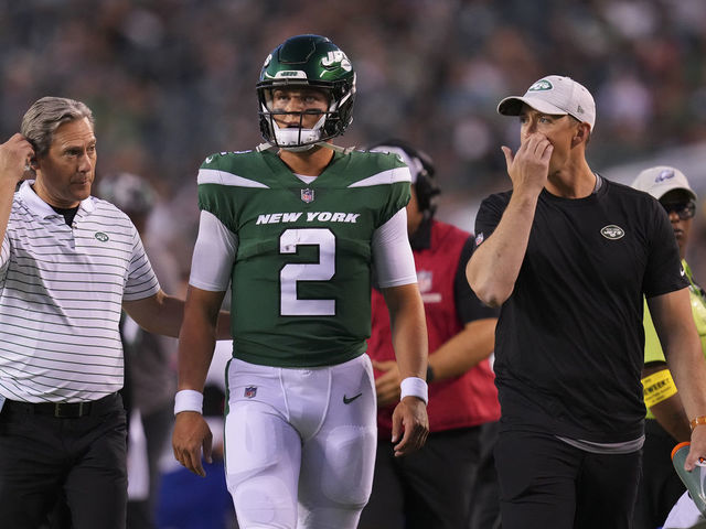 PHILADELPHIA, PA - AUGUST 12: Zach Wilson #2 of the New York Jets walks to the locker room after an injury against the Philadelphia Eagles in the first half of the preseason game against the New York Jets at Lincoln Financial Field on August 12, 2022 in Philadelphia, Pennsylvania.