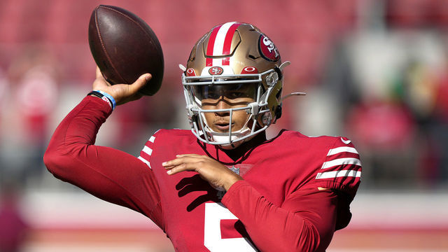 SANTA CLARA, CALIFORNIA - AUGUST 12: Trey Lance #5 of the San Francisco 49ers warms up prior to the start of a preseason NFL game against the Green Bay Packers at Levi's Stadium on August 12, 2022 in Santa Clara, California.