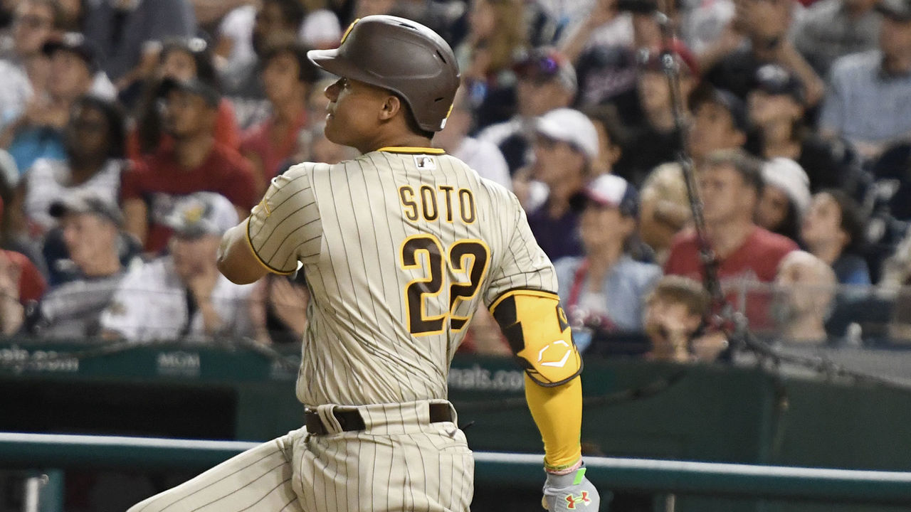 WASHINGTON, DC - AUGUST 12: Juan Soto #22 of the San Diego Padres doubles in the fifth inning during a baseball game against the Washington Nationals at Nationals Park on August 12, 2022 in Washington, DC.