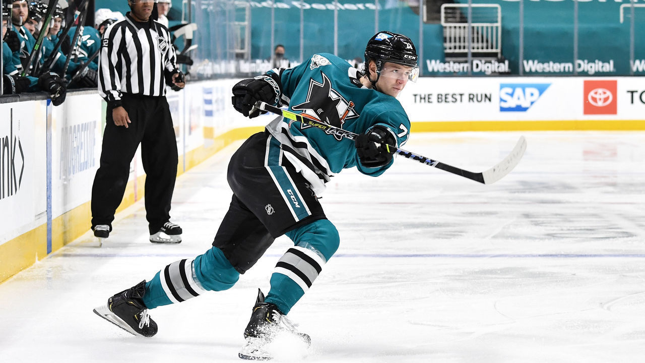 SAN JOSE, CA - MAY 08: Nikolai Knyzhov #71 of the San Jose Sharks takes a shot on goal against the Arizona Coyotes at SAP Center on May 8, 2021 in San Jose, California.