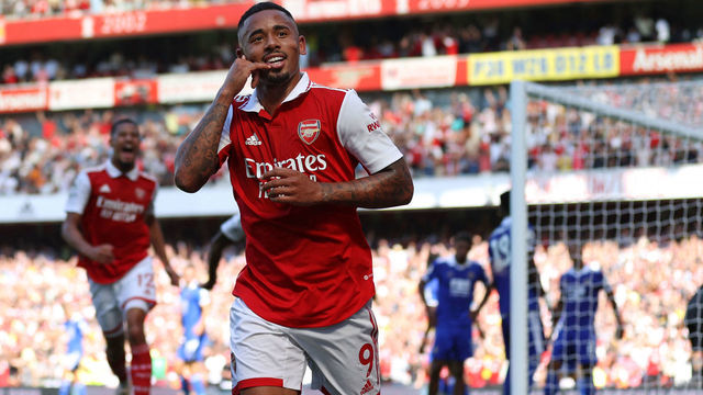 Arsenal's Brazilian striker Gabriel Jesus celebrates after scoring their second goal during the English Premier League football match between Arsenal and Leicester City at the Emirates Stadium in London on August 13, 2022. - - RESTRICTED TO EDITORIAL USE. No use with unauthorized audio, video, data, fixture lists, club/league logos or 'live' services. Online in-match use limited to 120 images. An additional 40 images may be used in extra time. No video emulation. Social media in-match use limited to 120 images. An additional 40 images may be used in extra time. No use in betting publications, games or single club/league/player publications.