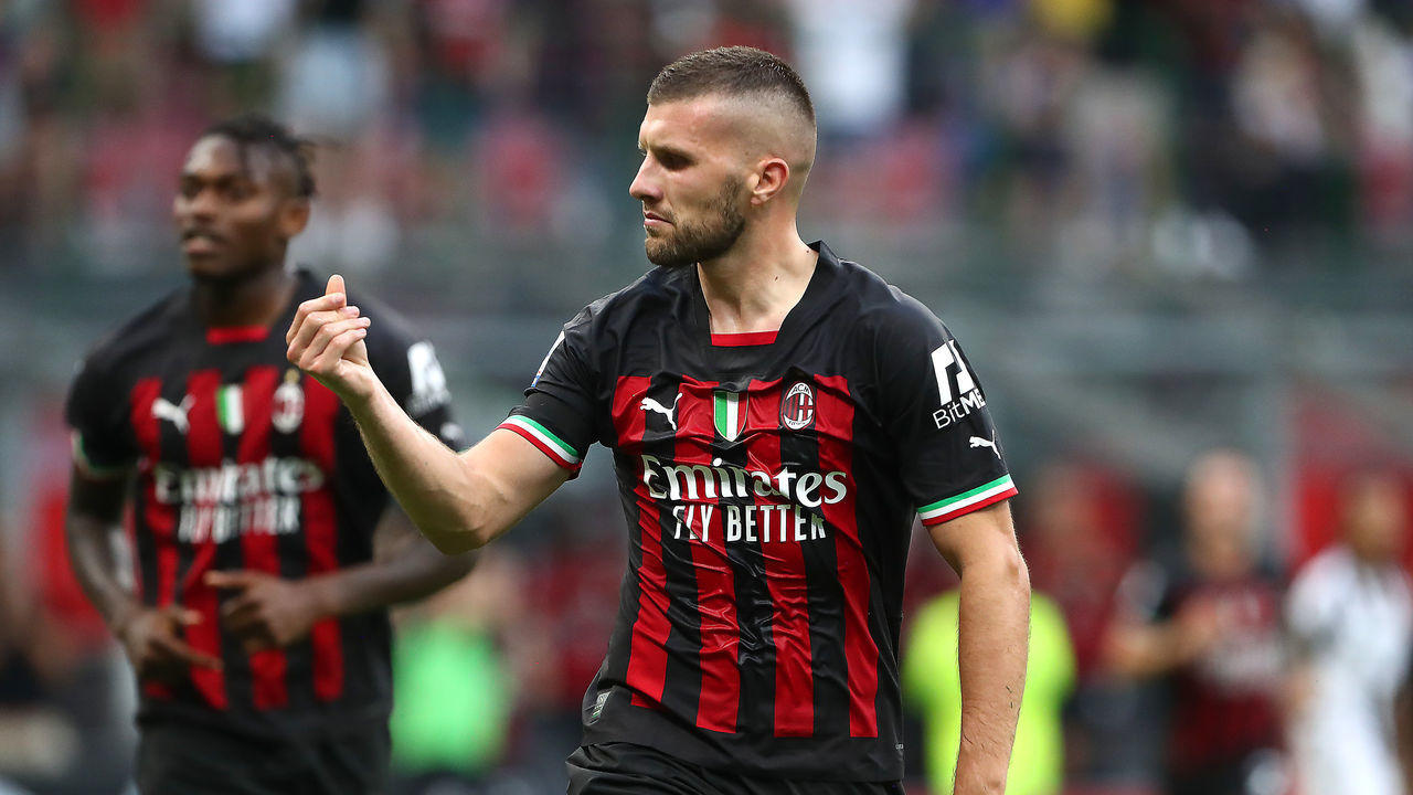 MILAN, ITALY - AUGUST 13: Ante Rebic of AC Milan celebrates after scoring their sides third goal during the Serie A match between AC MIlan and Udinese Calcio at Stadio Giuseppe Meazza on August 13, 2022 in Milan, .