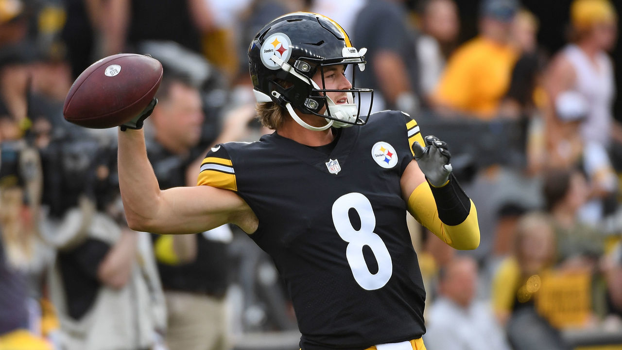 PITTSBURGH, PA - AUGUST 13: Kenny Pickett #8 of the Pittsburgh Steelers warms up before a preseason game against the Seattle Seahawks at Acrisure Stadium on August 13, 2022 in Pittsburgh, Pennsylvania.