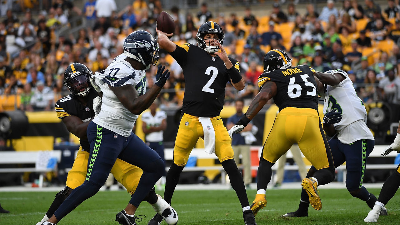 PITTSBURGH, PA - AUGUST 13: Mason Rudolph #2 of the Pittsburgh Steelers throws a 26-yard touchdown pass to George Pickens #14 (not pictured) in the first quarter during a preseason game against the Seattle Seahawks at Acrisure Stadium on August 13, 2022 in Pittsburgh, Pennsylvania.