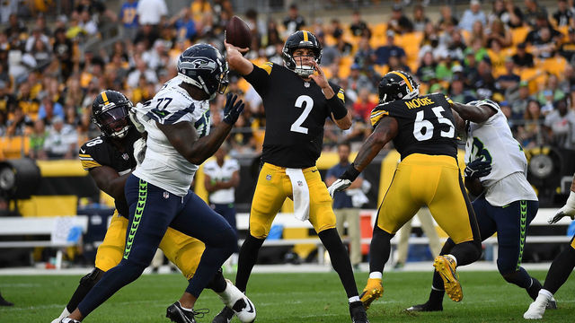 PITTSBURGH, PA - AUGUST 13: Mason Rudolph #2 of the Pittsburgh Steelers throws a 26-yard touchdown pass to George Pickens #14 (not pictured) in the first quarter during a preseason game against the Seattle Seahawks at Acrisure Stadium on August 13, 2022 in Pittsburgh, Pennsylvania.