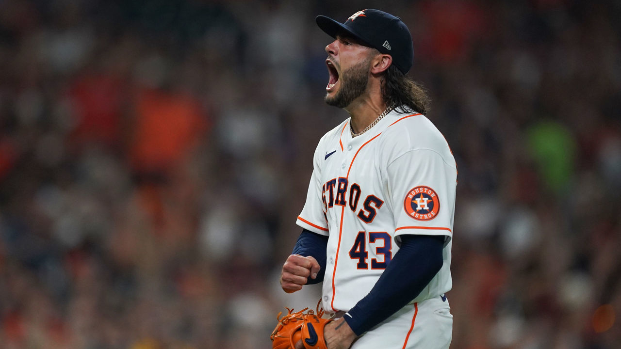 HOUSTON, TEXAS - AUGUST 13: : Lance McCullers Jr. #43 of the Houston Astros reacts after an inning ending double play in the sixth inning during the game against the Oakland Athletics at Minute Maid Park on August 13, 2022 in Houston, Texas.