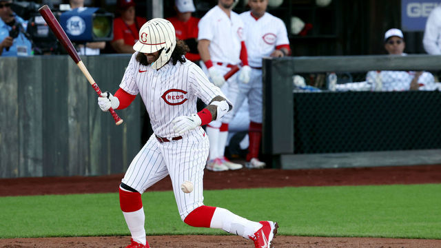 DYERSVILLE, OH - AUGUST 11: Jonathan India #6 of the Cincinnati Reds gets hit by a pitch during the game between the Chicago Cubs and the Cincinnati Reds at The MLB Field at Field of Dreams on Thursday, August 11, 2022 in Dyersville, Iowa.
