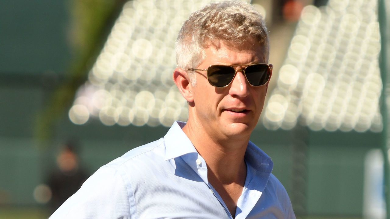 BALTIMORE, MD - JULY 23: Executive vice president and general manager for the Baltimore Orioles Mike Elias looks on during batting practice prior to a baseball game against the New York Yankees at Oriole Park at Camden Yards on July 23, 2022 in Baltimore, Maryland.