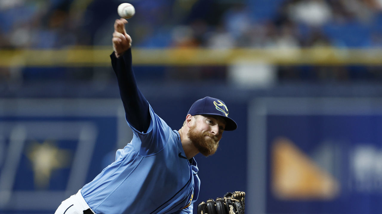 ST PETERSBURG, FLORIDA - AUGUST 14: Drew Rasmussen #57 of the Tampa Bay Rays throws a pitch during the first inning against the Baltimore Orioles at Tropicana Field on August 14, 2022 in St Petersburg, Florida.