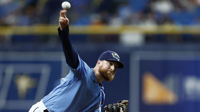 ST PETERSBURG, FLORIDA - AUGUST 14: Drew Rasmussen #57 of the Tampa Bay Rays throws a pitch during the first inning against the Baltimore Orioles at Tropicana Field on August 14, 2022 in St Petersburg, Florida.