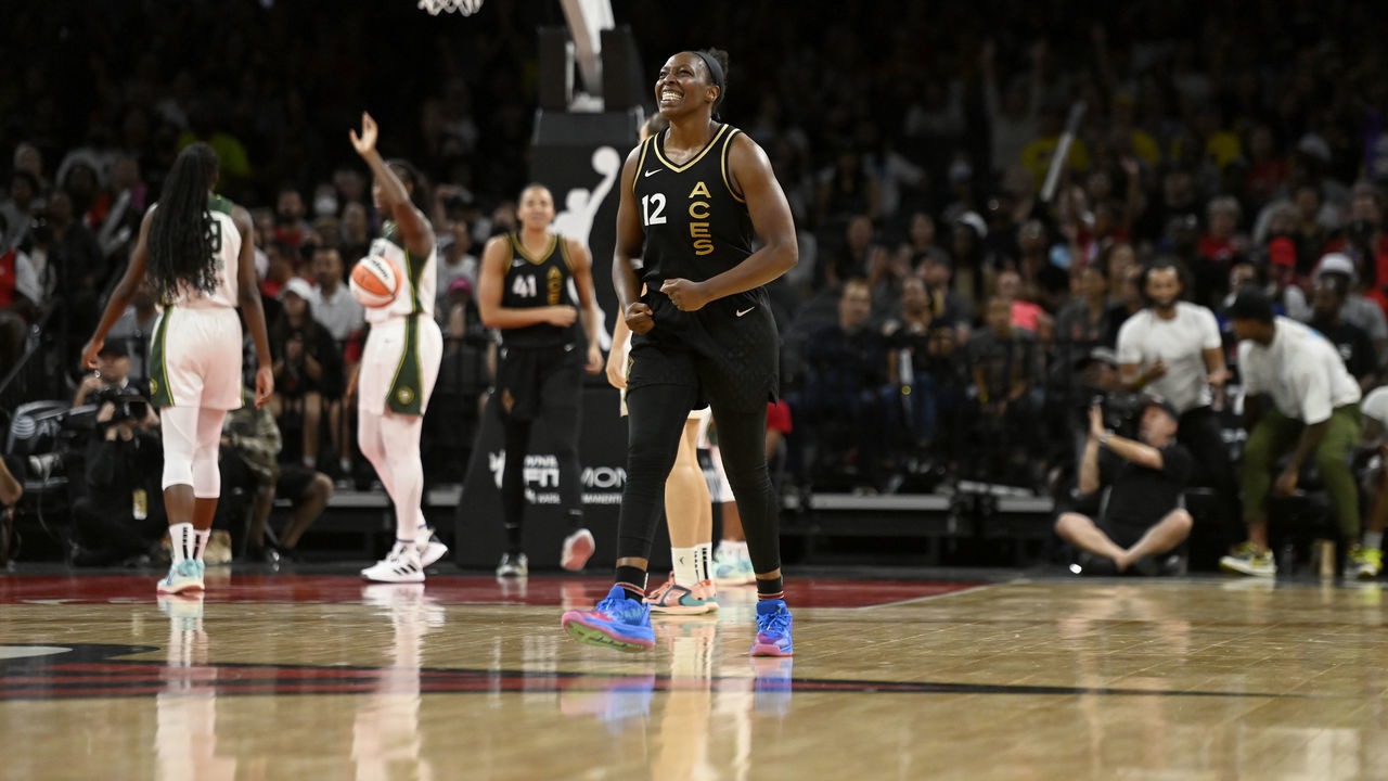 LAS VEGAS, NV - AUGUST 14: Chelsea Gray #12 of the Las Vegas Aces celebrates during the game against the Seattle Storm on August 14, 2022 at Michelob ULTRA Arena in Las Vegas, Nevada. Mandatory Copyright Notice: Copyright 2022 NBAE