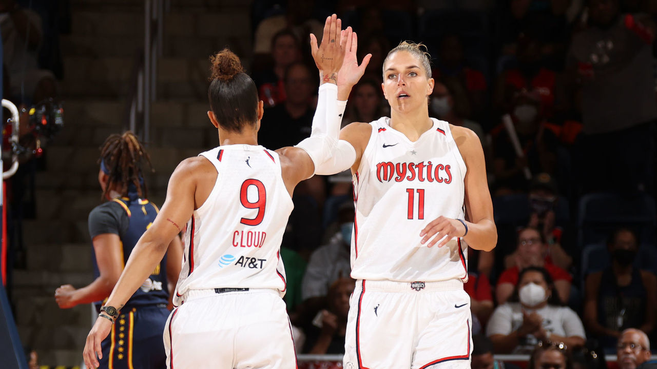WASHINGTON, DC - AUGUST 14: Elena Delle Donne #11 of the Washington Mystics high fives team mate during the game against the Indiana Fever on August 14, 2022 at Entertainment & Sports Arena in Washington, DC. Mandatory Copyright Notice: Copyright 2022 NBAE