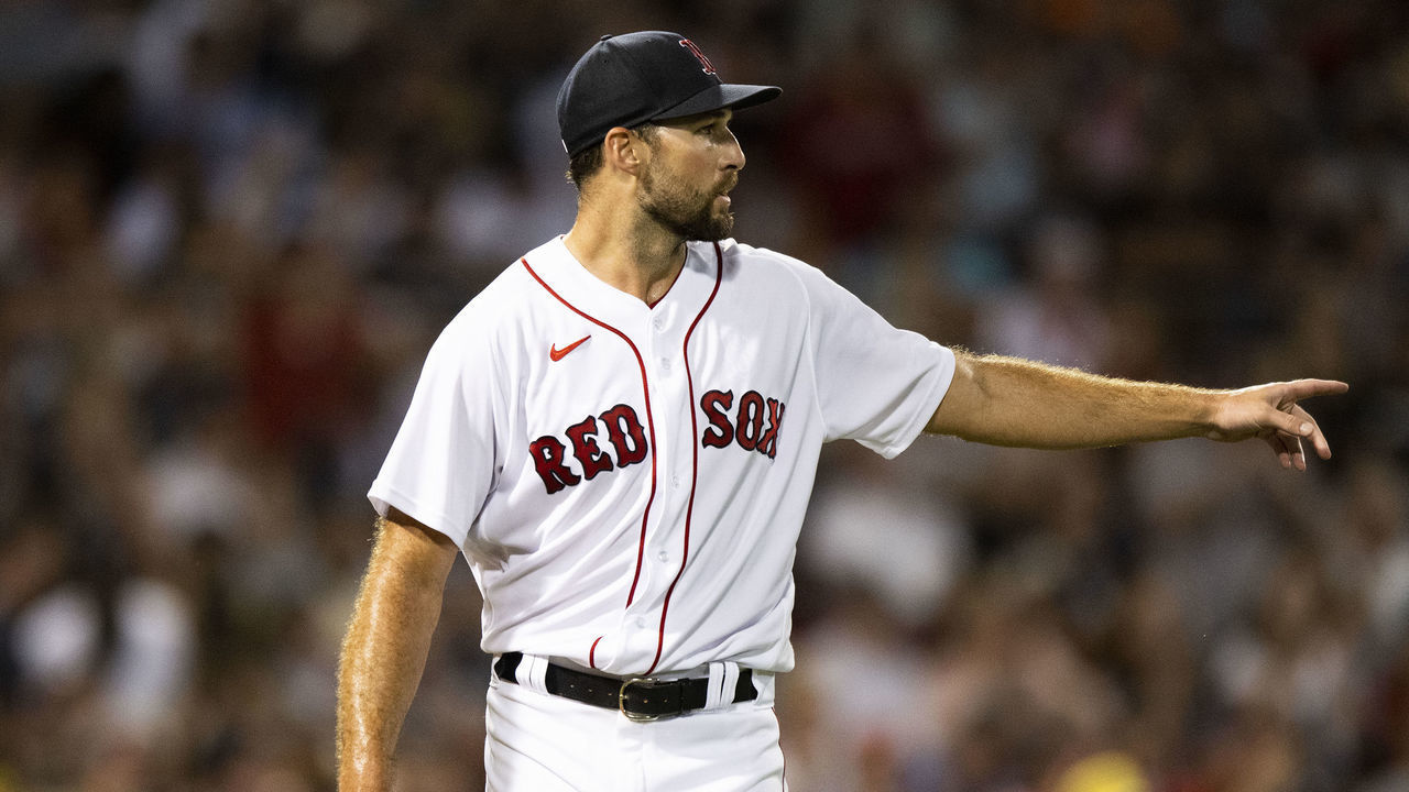 BOSTON, MA - AUGUST 14: Michael Wacha #52 of the Boston Red Sox reacts during the fifth inning of a game against the New York Yankees on August 14, 2022 at Fenway Park in Boston, Massachusetts.