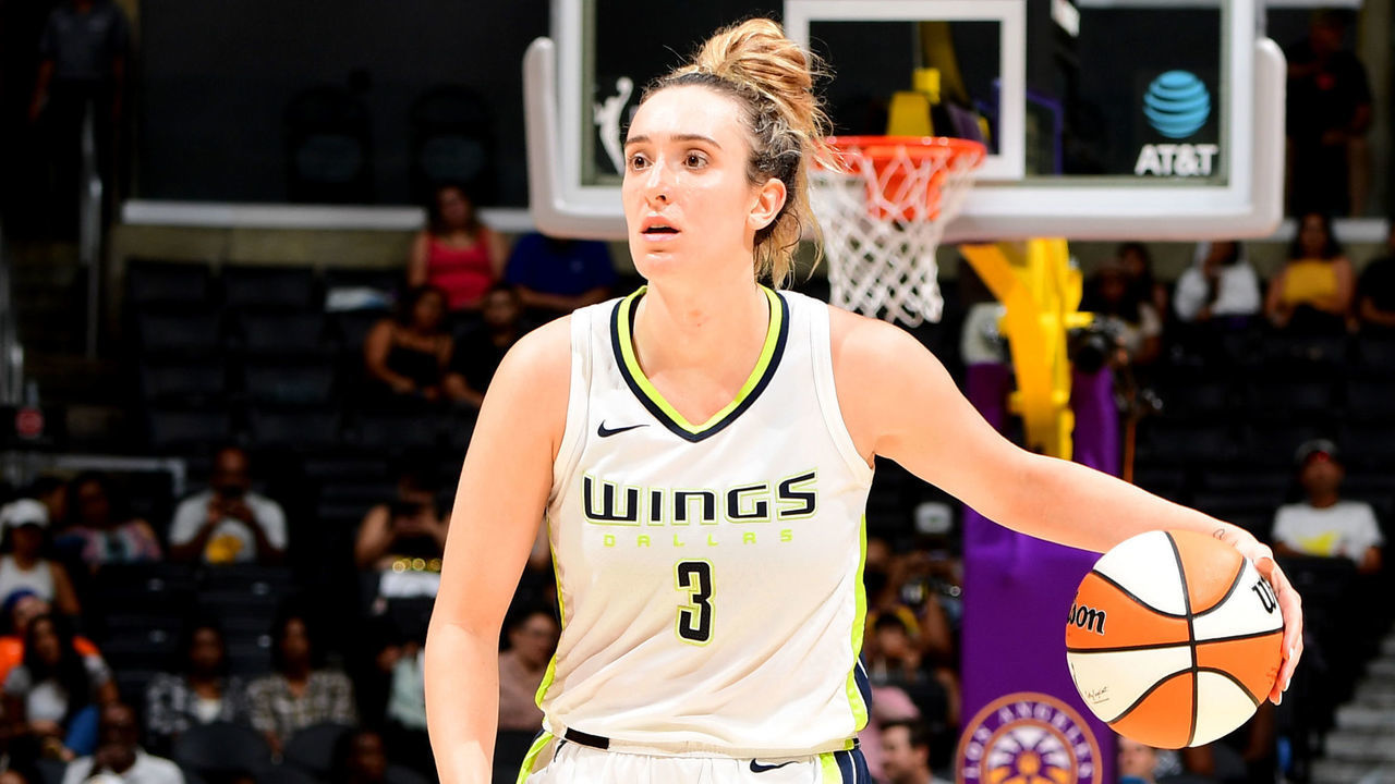 LOS ANGELES, CA - AUGUST 14: Marina Mabrey #3 of the Dallas Wings dribbles the ball during the game against the Los Angeles Sparks on August 14, 2022 at Crypto.Com Arena in Los Angeles, California. NOTE TO USER: User expressly acknowledges and agrees that, by downloading and/or using this Photograph, user is consenting to the terms and conditions of the Getty Images License Agreement. Mandatory Copyright Notice: Copyright 2022 NBAE