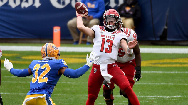 PITTSBURGH, PA - OCTOBER 03: Devin Leary #13 of the North Carolina State Wolfpack in action during the game against the Pittsburgh Panthers at Heinz Field on October 3, 2020 in Pittsburgh, Pennsylvania.
