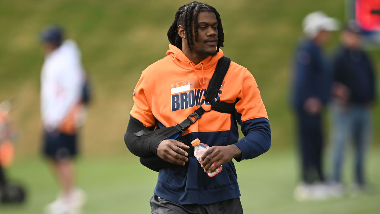 CENTENNIAL, COLORADO - APRIL 26: Randy Gregory (5) had his arm in a sling during practice at UCHealth Training Center on April 26, 2022 in Centennial, Colorado. It was day 2 of mini camp for the Denver Broncos.