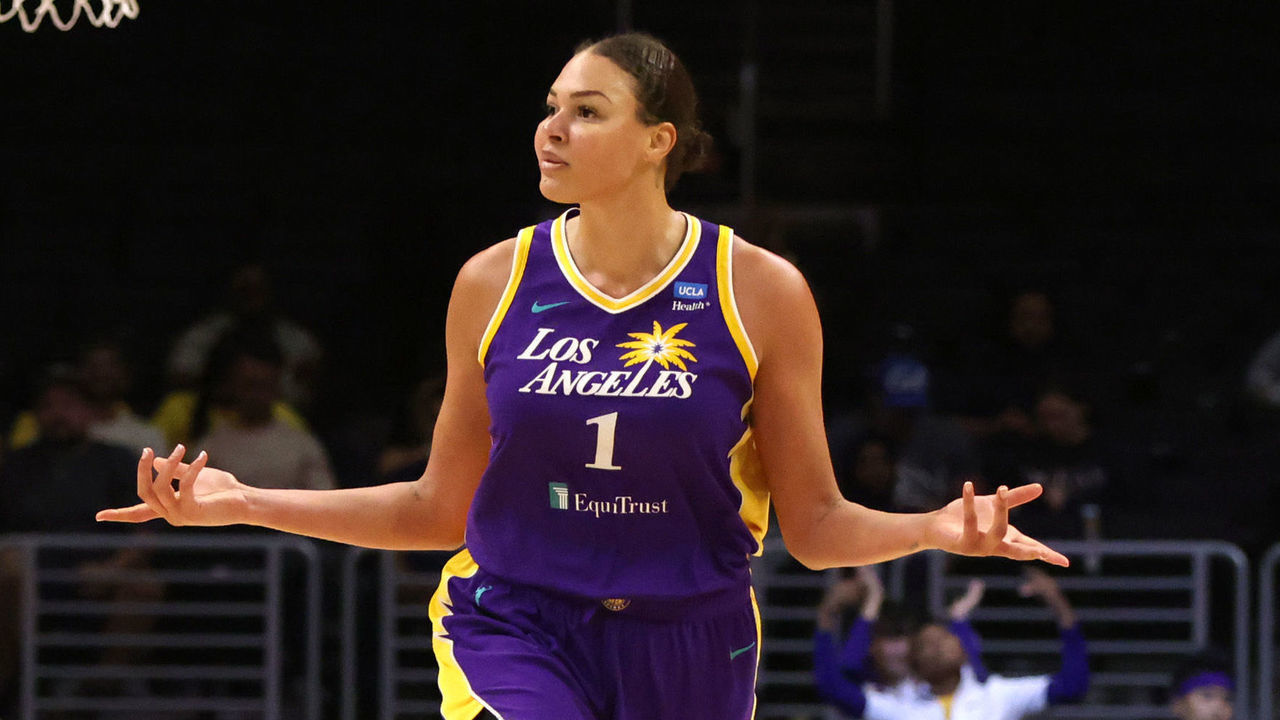LOS ANGELES, CALIFORNIA - JULY 12: Liz Cambage #1 of the Los Angeles Sparks gestures during the second half against the Washington Mystics at Crypto.com Arena on July 12, 2022 in Los Angeles, California.