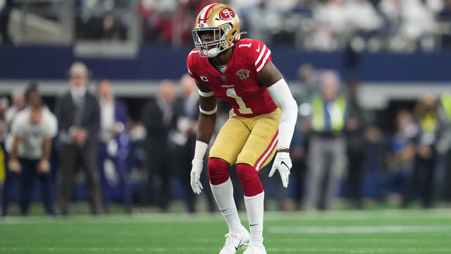 ARLINGTON, TEXAS - JANUARY 16: Jimmie Ward #1 of the San Francisco 49ers defends against the Dallas Cowboys during an NFL wild-card playoff football game at AT&T Stadium on January 16, 2022 in Arlington, Texas.