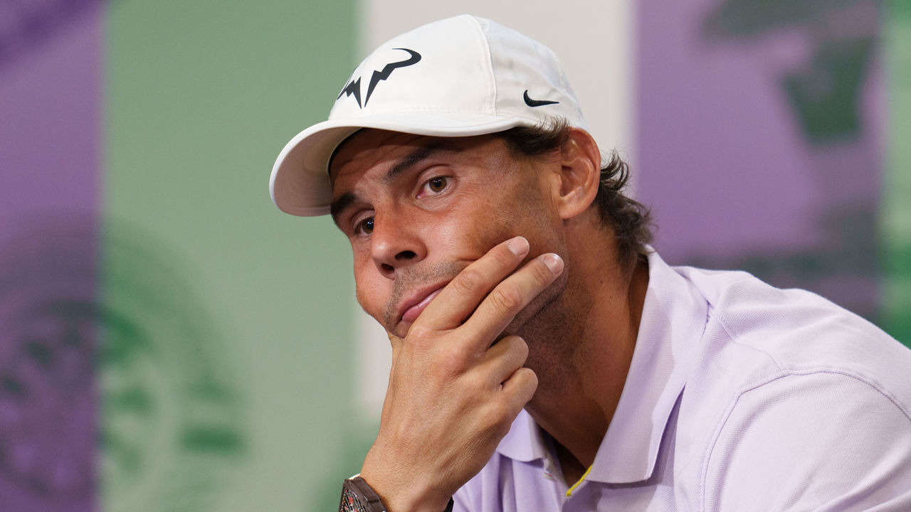 Rafael Nadal during a press conference, where he has announced he has withdrawn from Wimbledon due to injury, handing Nick Kyrgios a walkover into Sundays mens singles final. Picture date: Thursday July 7, 2022.