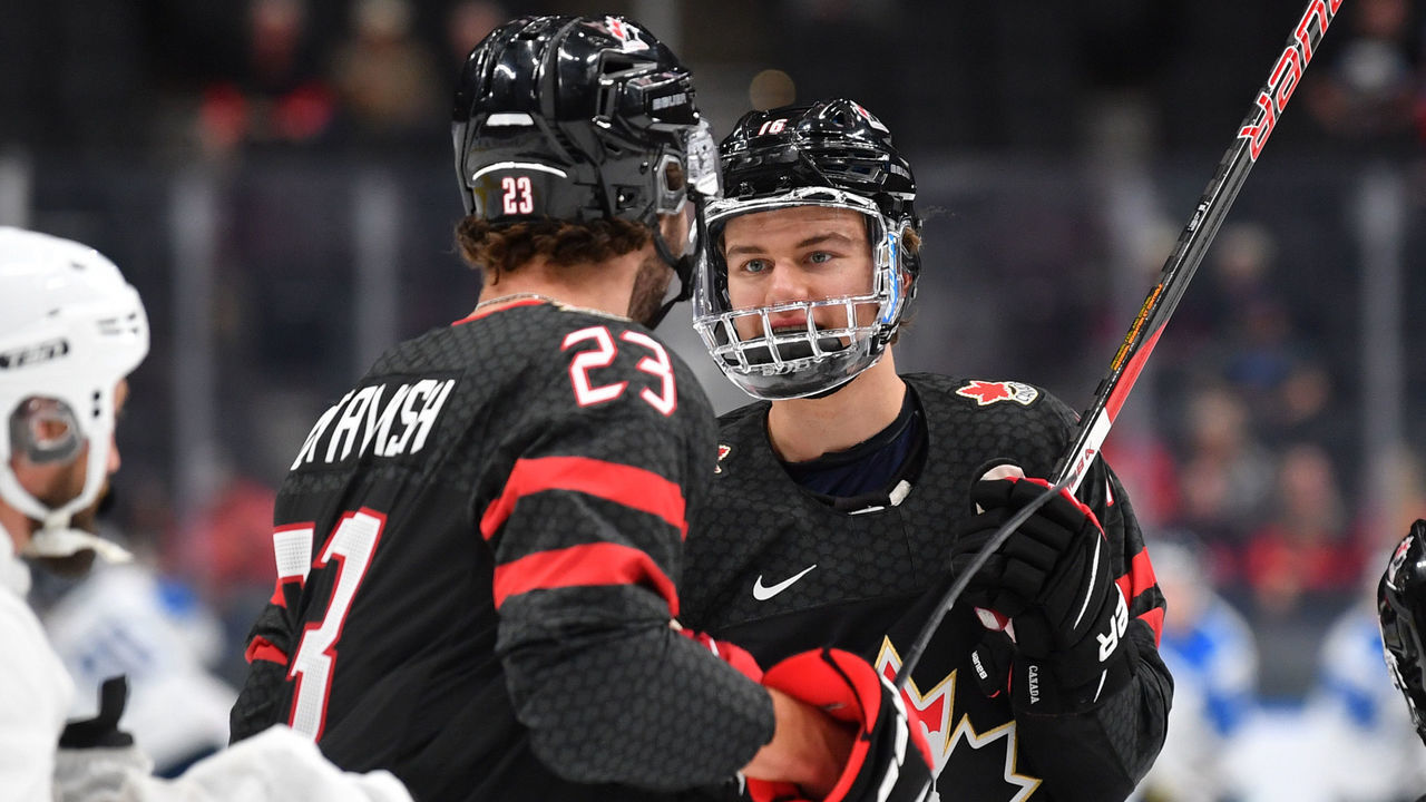 EDMONTON, AB - AUGUST 15: Connor Bedard #16 and Mason McTavish #23 of Canada exchange words prior to the game against Finland in the IIHF World Junior Championship on August 15, 2022 at Rogers Place in Edmonton, Alberta, Canada