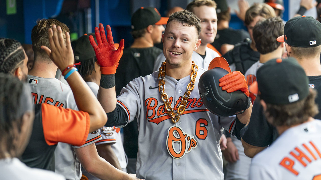 TORONTO, ON - AUGUST 15: Ryan Mountcastle #6 of the Baltimore Orioles celebrates his two-run home run against the Toronto Blue Jays in the third inning during their MLB game at the Rogers Centre on August 15, 2022 in Toronto, Ontario, Canada.