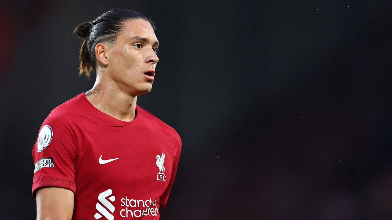 LIVERPOOL, ENGLAND - AUGUST 15: Darwin Nunez of Liverpool during the Premier League match between Liverpool FC and Crystal Palace at Anfield on August 15, 2022 in Liverpool, United Kingdom.