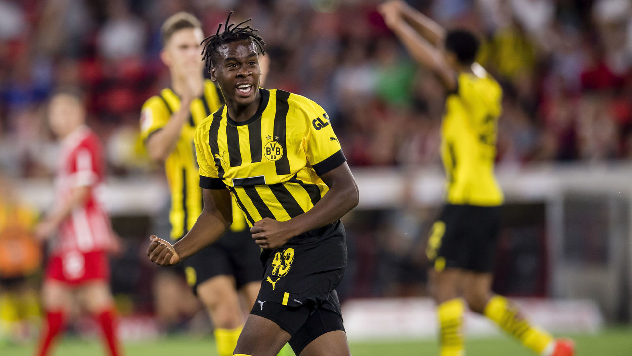 FREIBURG, GERMANY - AUGUST 12: Jamie Bynoe-Gittens celebrates his goal to the 1:1 during the Bundesliga match between Sport-Club Freiburg and Borussia Dortmund at the Europa-Park Stadion on August 12, 2022 in Freiburg, Germany.