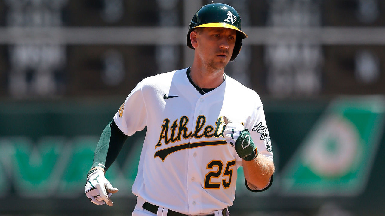 OAKLAND, CALIFORNIA - JULY 27: Stephen Piscotty #25 of the Oakland Athletics rounds the bases after hitting a solo home run in the bottom of the second inning against the Houston Astros at RingCentral Coliseum on July 27, 2022 in Oakland, California.