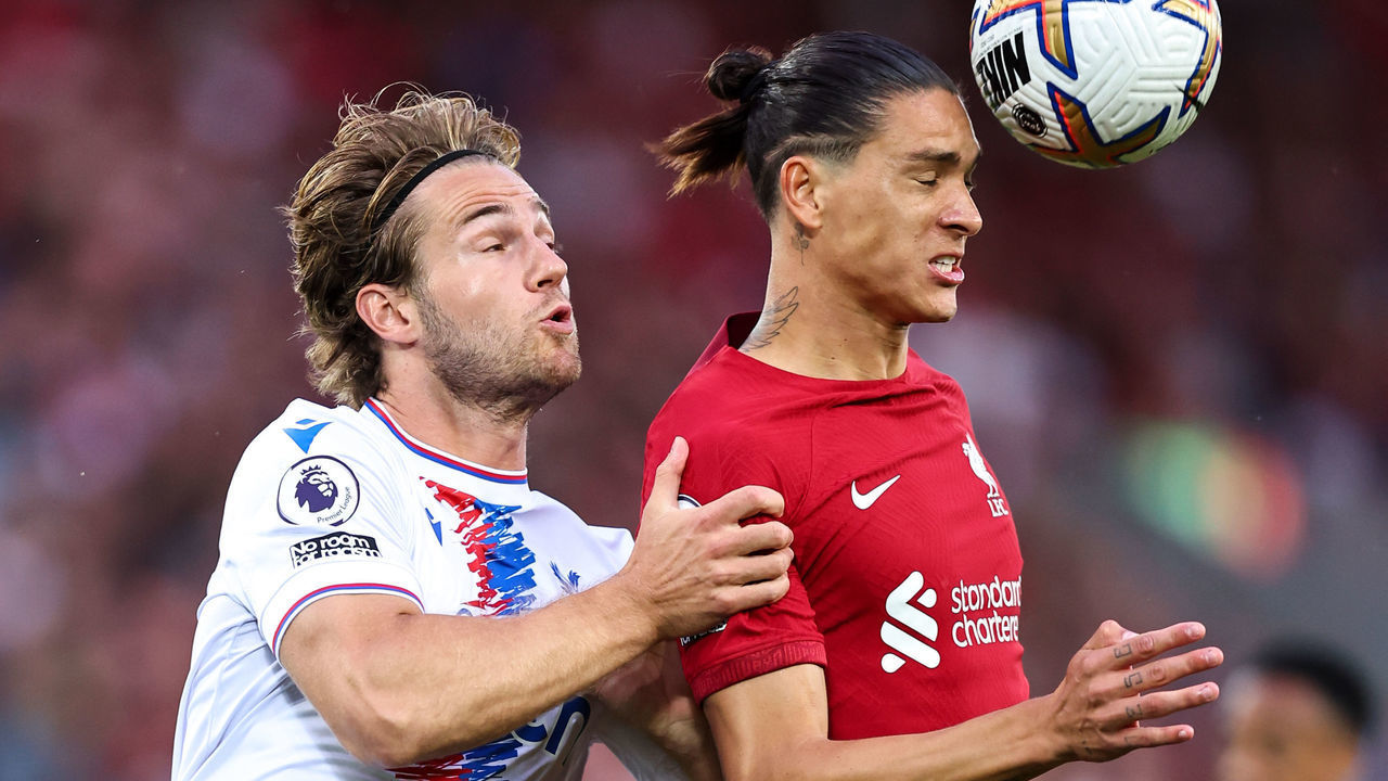LIVERPOOL, ENGLAND - AUGUST 15: Joachim Andersen of Crystal Palace and Darwin Nunez of Liverpool during the Premier League match between Liverpool FC and Crystal Palace at Anfield on August 15, 2022 in Liverpool, United Kingdom.