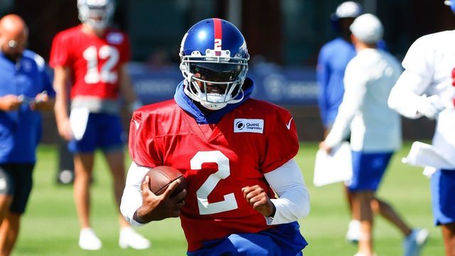 EAST RUTHERFORD, NJ - JULY 30: Tyrod Taylor (2) New York Giants quarterback runs during training camp on July 30, 2022 at Quest Diagnostics Training Center in East Rutherford, New Jersey.