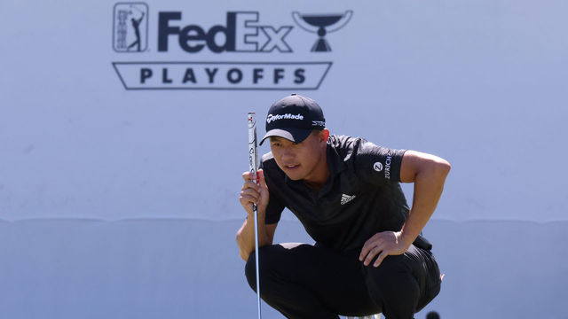 MEMPHIS, TN - AUGUST 14: Collin Morikawa lines up his putt on No. 17 during the final round of the FedEx St. Jude Championship, August 14, 2022, at TPC Southwind in Memphis, Tennessee.