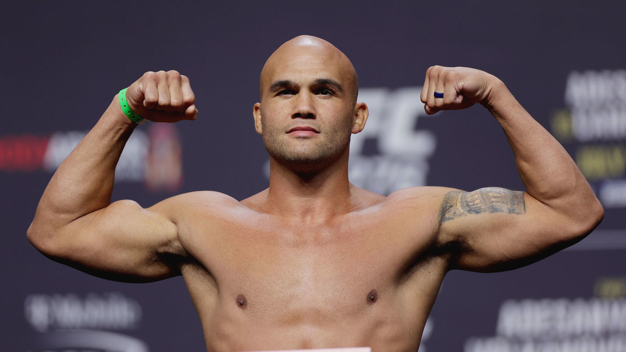 LAS VEGAS, NEVADA - JULY 01: Robbie Lawler poses on the scale during the UFC 276 ceremonial weigh-in at T-Mobile Arena on July 01, 2022 in Las Vegas, Nevada.