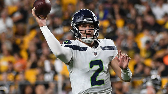 PITTSBURGH, PA - AUGUST 13: Drew Lock #2 of the Seattle Seahawks throws a pass for a two point conversion in the fourth quarter during a preseason game against the Pittsburgh Steelers at Acrisure Stadium on August 13, 2022 in Pittsburgh, Pennsylvania.