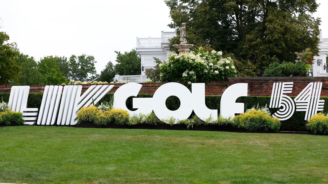 BEDMINSTER, NJ - JULY 29: A general view of the LIV GOLF logo during round 1 of the LIV Golf Invitational Series on July 29, 2022 at Trump National Golf Club in Bedminster, New Jersey.