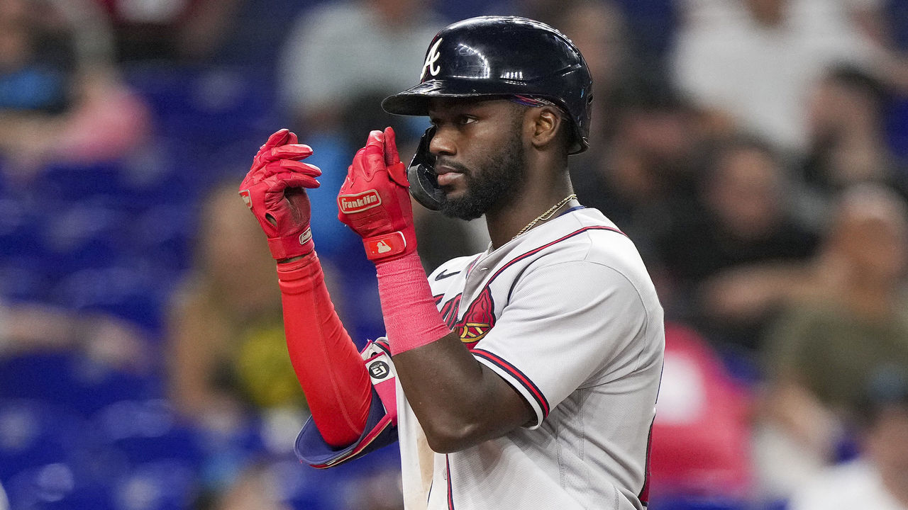 MIAMI, FLORIDA - AUGUST 12: Michael Harris II #23 of the Atlanta Braves celebrates at homeplate after hitting a home run in the eighth inning against the Miami Marlins at loanDepot park on August 12, 2022 in Miami, Florida.