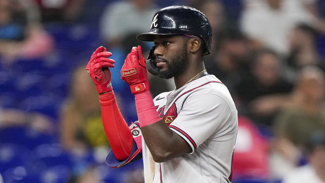 MIAMI, FLORIDA - AUGUST 12: Michael Harris II #23 of the Atlanta Braves celebrates at homeplate after hitting a home run in the eighth inning against the Miami Marlins at loanDepot park on August 12, 2022 in Miami, Florida.