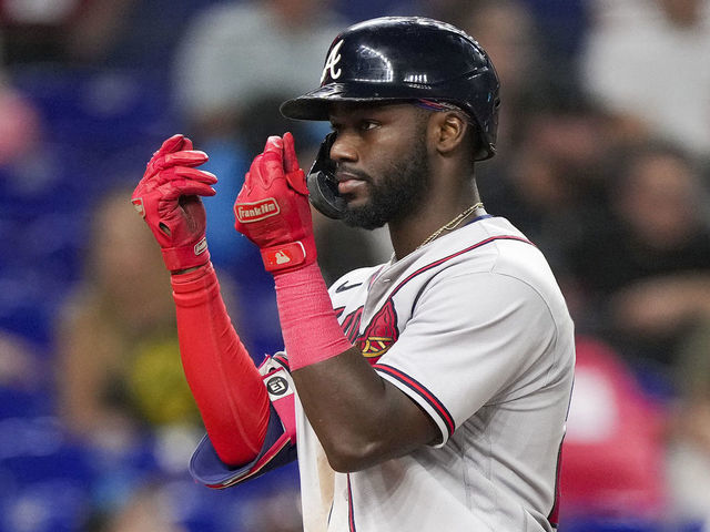 MIAMI, FLORIDA - AUGUST 12: Michael Harris II #23 of the Atlanta Braves celebrates at homeplate after hitting a home run in the eighth inning against the Miami Marlins at loanDepot park on August 12, 2022 in Miami, Florida.