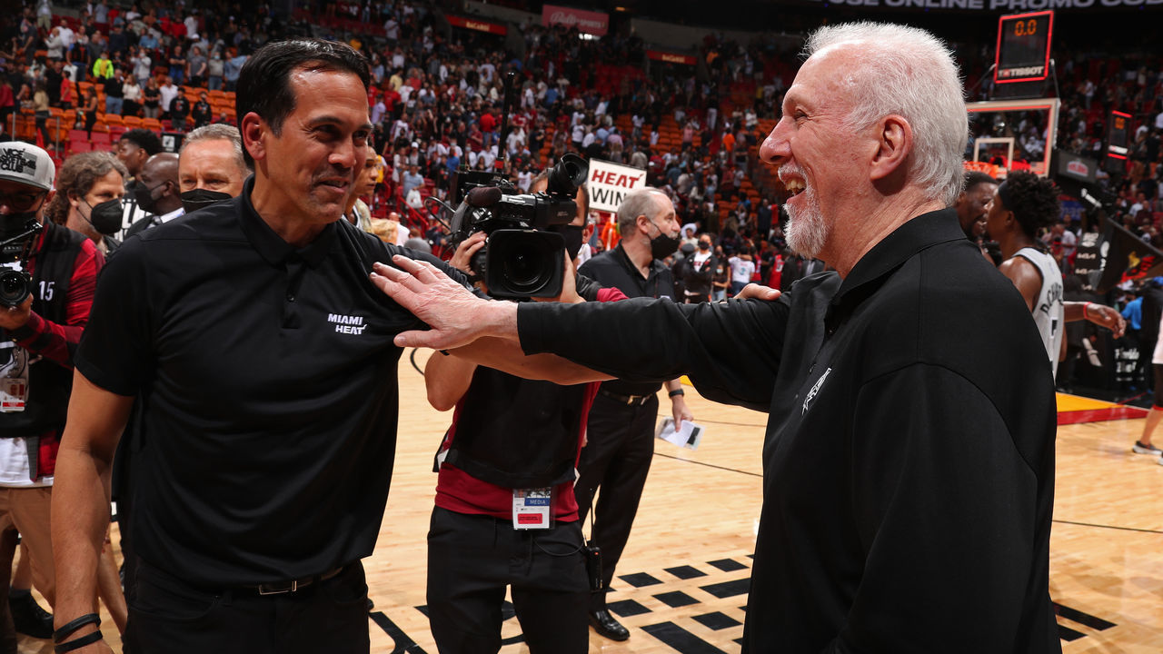 MIAMI, FL - FEBRUARY 26: Head Coach Gregg Popovich of the San Antonio Spurs embraces Head Coach Erik Spoelstra of the Miami Heat after the game on February 26, 2022 at FTX Arena in Miami, Florida. Mandatory Copyright Notice: Copyright 2022 NBAE