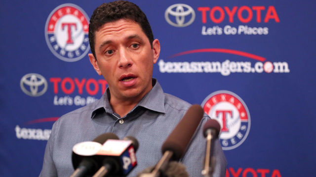 ARLINGTON, TEXAS - JULY 01: Texas Rangers General Manager Jon Daniels talks with the media following the announcement that the game between the Texas Rangers and the Los Angeles Angels has been postponed at Globe Life Park in Arlington on July 01, 2019 in Arlington, Texas. The game was postponed following an announcement made by the Los Angeles Angels that pitcher Tyler Skaggs had died.