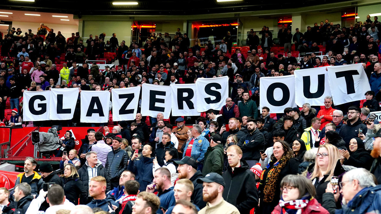 Manchester United fans protest against the Glazer family, ahead of the Premier League match at Old Trafford, Manchester. Picture date: Thursday April 28, 2022.