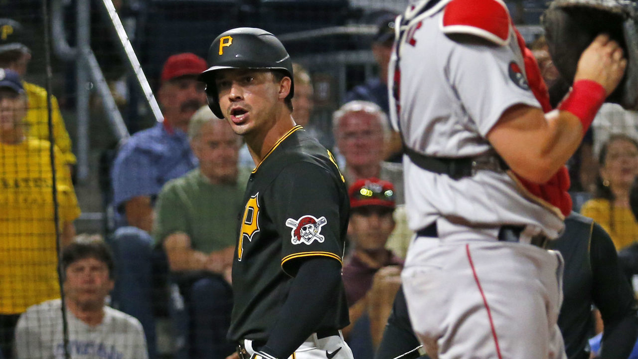 PITTSBURGH, PA - AUGUST 16: Bryan Reynolds #10 of the Pittsburgh Pirates reacts after striking out in the eighth inning against the Boston Red Sox at PNC Park on August 16, 2022 in Pittsburgh, Pennsylvania.