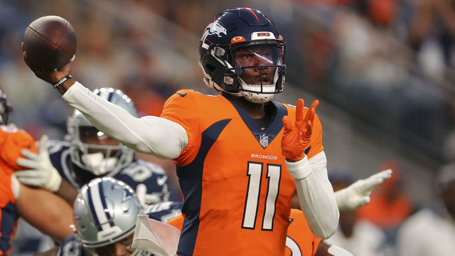 DENVER, CO - AUGUST 13: Josh Johnson #11 of the Denver Broncos passes during the first quarter against the Dallas Cowboys at Empower Field At Mile High on August 13, 2022 in Denver, Colorado.