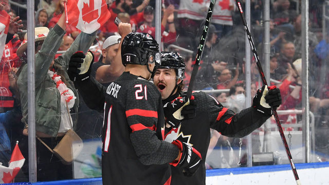 EDMONTON, AB - AUGUST 17: Elliot Desnoyers #19 and Nathan Gaucher #21 of Canada celebrate after a goal during the game against Switzerland in the IIHF World Junior Championship on August 17, 2022 at Rogers Place in Edmonton, Alberta, Canada