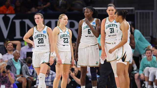 CHICAGO, ILLINOIS - AUGUST 17: Sabrina Ionescu #20, Marine Johannes #23, Natasha Howard #6, Stefanie Dolson #31 and Betnijah Laney #44 of the New York Liberty look on against the Chicago Sky during the second half in Game One of the First Round of the 2022 WNBA Playoffs at Wintrust Arena on August 17, 2022 in Chicago, Illinois.