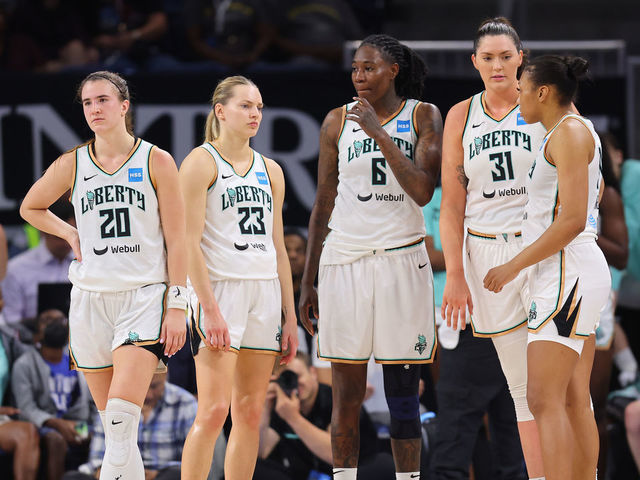 CHICAGO, ILLINOIS - AUGUST 17: Sabrina Ionescu #20, Marine Johannes #23, Natasha Howard #6, Stefanie Dolson #31 and Betnijah Laney #44 of the New York Liberty look on against the Chicago Sky during the second half in Game One of the First Round of the 2022 WNBA Playoffs at Wintrust Arena on August 17, 2022 in Chicago, Illinois.